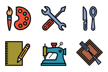 Obraz premium Pixel Art Icons: Tools for Creativity – Crafting, Art, DIY, and Repair Icons Set