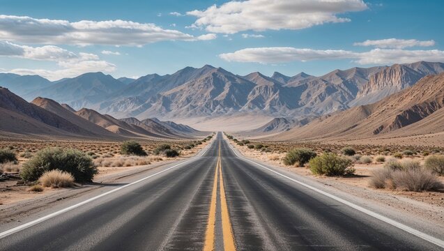 A landscape photo of a long straight highway with a double yellow line in the middle leading to a range of mountains in a desert under a clear blue sky. Travel adventure road trip illustration.