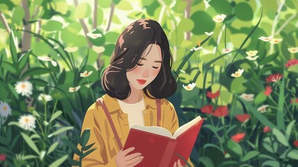 Young woman reading a book in the park with flowers