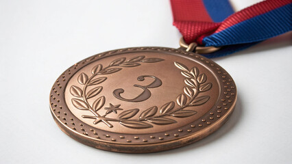 Bronze Third Place Medal with Red and Blue Ribbon Detail.