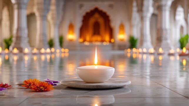 Candle of Peace: A single candle illuminates a serene space, reflecting softly. The scene inspires moments of reflection and reverence.