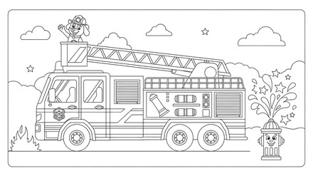 Firetruck illustration ready for a coloring book page depicting a dog firefighter, cheerful hydrant, and simple cloud and star shapes.