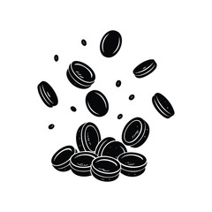 Stylized black and white illustration of falling and stacked coins
