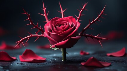 Dark Moody Red Rose with Thorns; Dramatic, Gothic, Romantic Stock Photo
