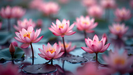 Serene water lily pond featuring vibrant pink blossoms and tranquil reflections creates a peaceful botanical garden scene