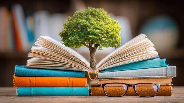 Knowledge Growing: A conceptual image where an open book nurtures a growing tree, symbolizing the growth of knowledge and the roots of education. The scene is set with a collection of books.