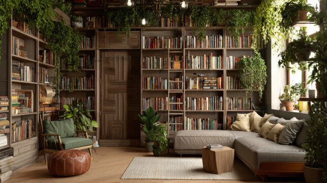 Home library interior with book-filled shelving units, a ladder, and green plants enhancing the space