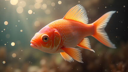 Captivating close-up of a radiant goldfish gracefully swimming in an aquarium with bokeh background