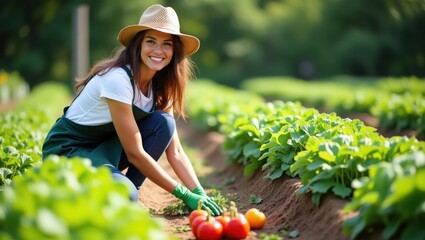 female farmer in organic vegetable garden rows, harvesting fresh produce, surrounded by healthy green plants and colorful vegetables, bright natural daylight, clean composition