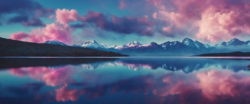 Colorful ethereal fantasy clouds over the mountain peaks and their reflection in calm lake water. Surreal dreamlike panoramic landscape with vibrant pink and blue colors. 
