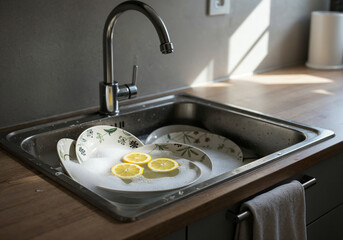 Soapy water in sink with ceramic dishes, lemon slices floating, tea towel in sunlight