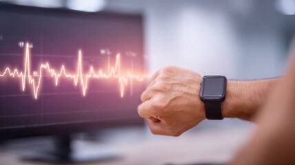 Fitness Tracker and Heart Rate Monitor: A close-up shot of a wrist-worn fitness tracker displaying a real-time heart rate graph on a computer screen.