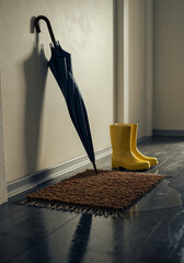 Open umbrella by hallway wall, worn doormat, rubber boots, small water puddle