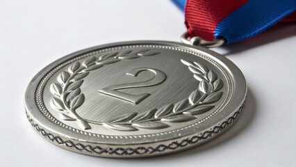 Silver Second Place Medal with Red and Blue Ribbon.
