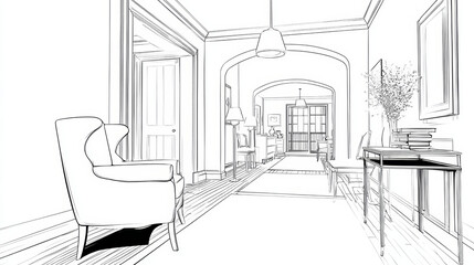 Line art depiction of a cozy hallway living room with basic furniture and architectural elements