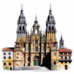 Fototapeta premium Beautiful Watercolor Illustration of Historic Cathedral Architecture Featuring Intricate Details and Vibrant Colors