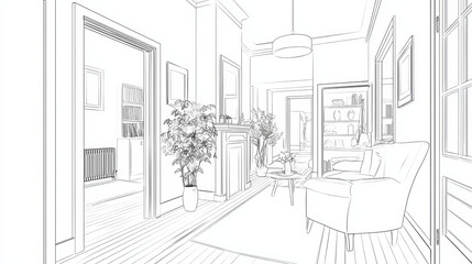 Fototapeta premium Line art depiction of a cozy hallway living room with basic furniture and architectural elements