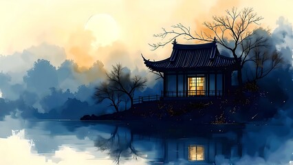 Minimalist Abstract Chinese Ink Background - Moonlit Pavilion Scene (Sunrise)