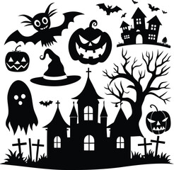 halloween silhouettes black icon and character