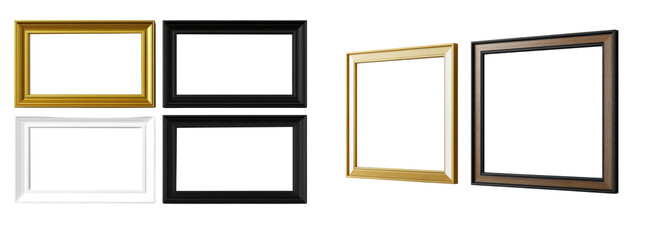 picture frames set, gold, black, white and brown isolated on white background.