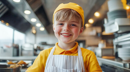 Boy with Down syndrome working in restaurant kitchen. smiling. Inclusion. diversity. equal opportunity employment concept. Perfect for World Down Syndrome Day or disability awareness campaigns
