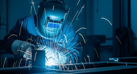 Blue Welder Sparking Metal in Dark Factory Setting
