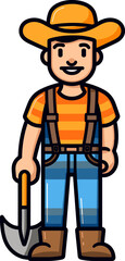 Cartoon Farmer with Shovel in Overalls and Hat