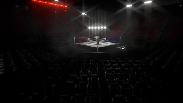 Empty Boxing Arena With Spotlight On The Ring
