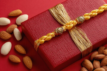 Fototapeta premium Beautiful rakhi and box of dry fruits, and a puja thali with a single diya and flowers and sweets in thali