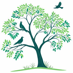 Green tree with birds perched and flying branches