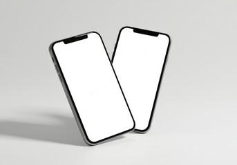 Two smartphones with blank white screens, angled slightly towards each other, minimalist aesthetic, clean lines, isolated on a white background, modern design