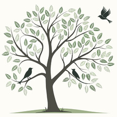 Obraz premium Dark tree with green leaves and birds branches