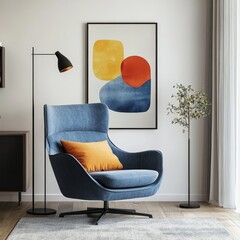 Blue armchair with a large art poster on a white wall, contributing to a mid-century style interior design of a modern living room, Generative AI