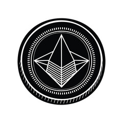 Geometric emblem with nested triangles and circular border in black and white