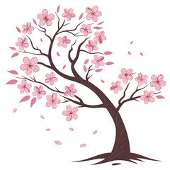 Obraz premium Cherry blossom tree with pink flowers and falling petals branches