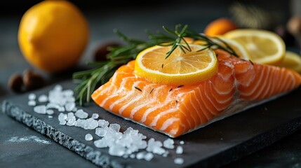 Fresh salmon fillet with vibrant lemon slices and aromatic rosemary served on dark stone plate culinary theme
