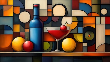 Abstract Still Life with Blue Bottle Red Martini and Yellow Oranges on Geometric Color Block Backdrop