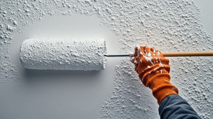 Renovating and Painting Wall with Roller Brush for House Improvement Project Interior Finishing with Fresh Coat Texture