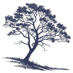 Majestic dark blue tree with lush foliage on white background nature silhouette