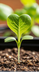 Photo of a young green seedling with a heartshaped leaf emerges from the rich soil, symbolizing new life and growth
