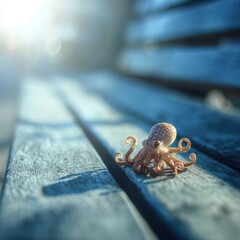 Playful miniature octopus resting on a weathered bench in soft light creating a whimsical seaside mood