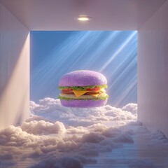 Dreamy delight a surreal purple burger floating in a cloudscape captures food and fantasy concept creative and whimsical