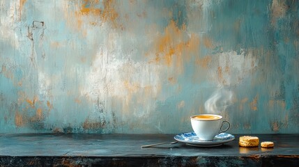 Elegant coffee composition on dark table against artistic blue wall backdrop calm cafe aesthetic
