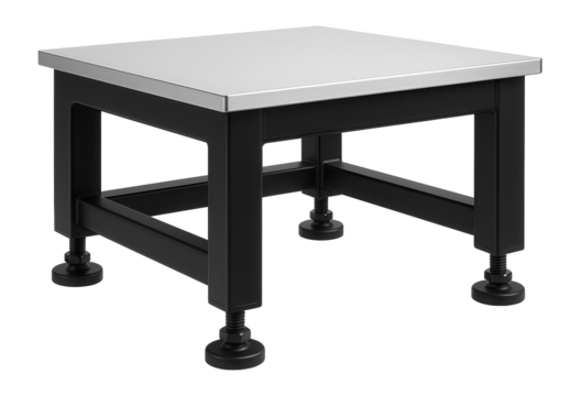 Compact anti-vibration table with adjustable feet and a laminated top for small-scale industrial workshops.