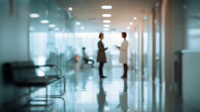 Hallway Consultation: Two healthcare providers engage in a vital discussion within the bright, blurred corridor of a hospital, symbolizing expertise and patient care.