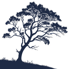 Dark blue silhouette of a sprawling tree with grassy foreground branches leaves