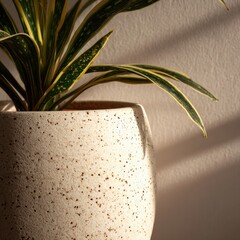 Vibrant foliage in dappled light against neutral backdrop captured in a minimalist interior garden arrangement