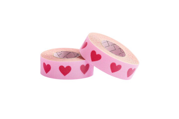 pink tape rolls with red hearts on white background.