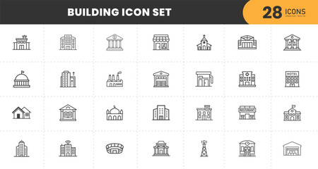  "Building Icon Set – 28 Modern Thin Line Vector Icons Representing Various Types of Buildings Including School, Hospital, Bank, Mosque, Factory, Stadium, Hotel, Restaurant, Shop, Government Office.