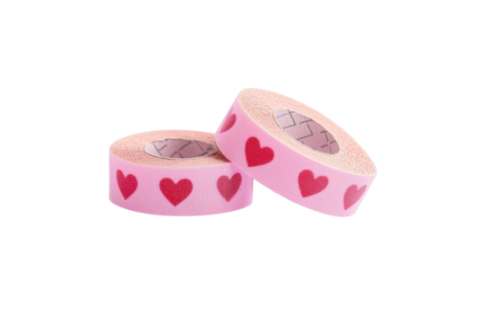 pink tape rolls with red hearts on white background.